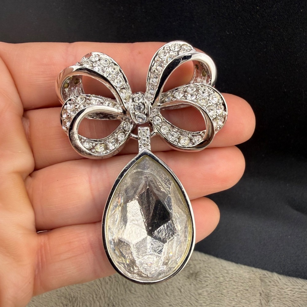 Vintage Saint Johns Rhinestone Brooch Bow Silver Tone